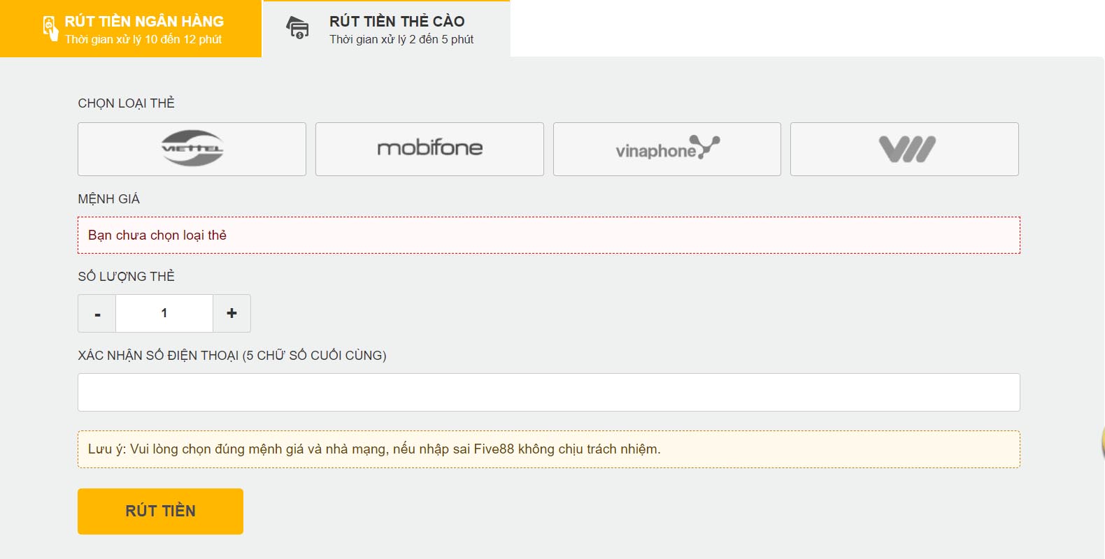 Rút tiền tài khoản Five88 qua thẻ cào